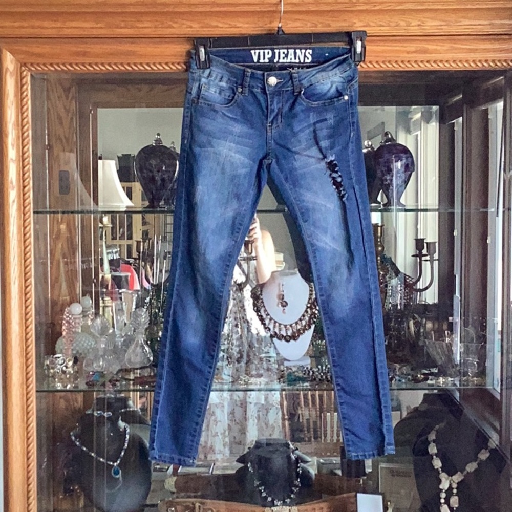 VIP Women's Distressed Slim Fit Blue Denim